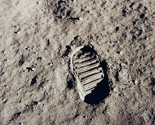 One of the first steps taken on the Moon, this is an image of Buzz Aldrin's bootprint from the Apollo 11 mission. Neil Armstrong and Buzz Aldrin walked on the Moon on July 20, 1969.