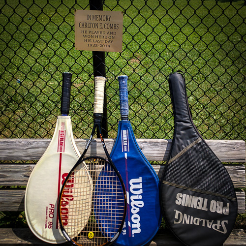 The rackets - on the bench where Carlton must have rested during his last match.